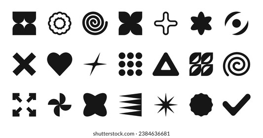 Geometric shapes and black brutalism forms. Modern trendy minimalist basic figures, stars, heart, spiral, circles and abstract figures, memphis geometric design, vector set.