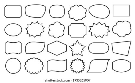 Geometric Shapes Black Line Icon Set. Outline Cartoon Abstract Blank Template For Speech Bubble, Message Balloon, Text Note Box, Price Tag, Paper Memory Sticker, Think Cloud Frame, Web Banner, Badge