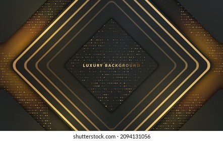 Geometric shapes black luxury background with elegant pattern. Modern glow gold dots and lines layout design.