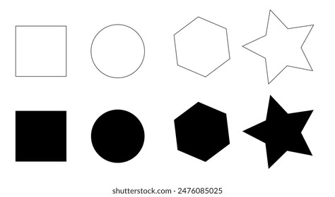 geometric shapes are black and a black outline in a row on a transparent background