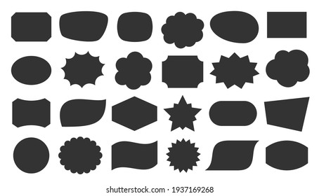 Geometric shapes black silhouette icon set. Outline cartoon abstract blank template for speech bubble, message balloon, text note badge, price tag, paper memory sticker, think cloud frame, web banner