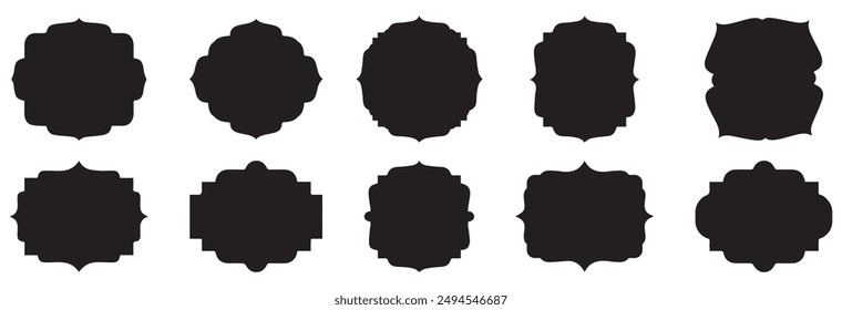 Geometric shapes black silhouette icon set. Outline cartoon abstract blank template for speech bubble, message balloon, text note badge, price tag, paper memory sticker, think cloud frame, web banner