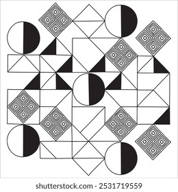 Geometric shapes in black and white create a visually engaging circular design with balance and symmetry, suitable for modern decor.