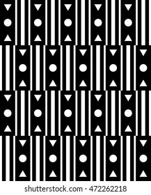 Geometric shapes in black and white style. Seamless pattern. Triangles and circles. Vertical lines.
