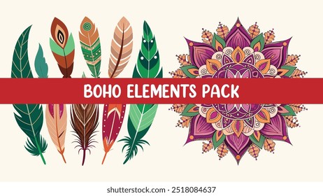 Geometric shapes with bohemian leaves and feathers in muted colors.