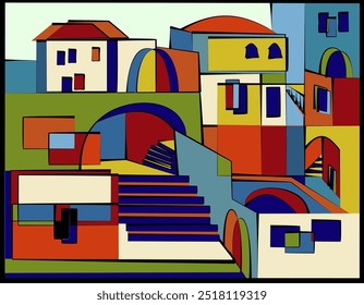 Las Formas geométricas y los colores llamativos crean un paisaje urbano abstracto con escaleras, arcos y edificios. El uso de colores primarios y secundarios da una sensación vibrante y moderna a la escena.