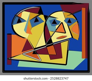 Geometric shapes and bold colors dominate the composition, creating an abstract and modern effect. Two overlapping figures with triangular features are set against a vibrant blue background.