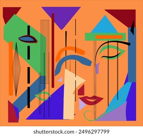 Geometric shapes and bold colors intertwine to create an abstract composition with a hint of facial features. The use of contrasting hues brings a  modern feel to the piece.