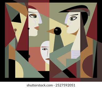 Geometric shapes and bold lines create abstract human profiles facing each other in a complex composition. The color palette features muted earth tones with accents of red and green.