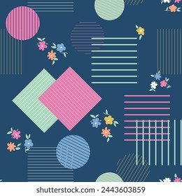 Geometric shapes and botanical seamless repeat pattern on dark blue background. Random placed, vector stripes and flowers aop, all over print.