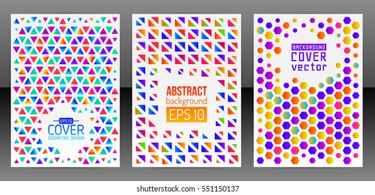 Geometric shapes brochure template layout. Triangle cover design annual report. Polygonal design flyer or booklet. Abstract hexagon magazine background. Vector Illustration esp10