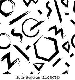 Geometric shapes and brush strokes seamless pattern, black and white abstract background vector graphics.Great modern design for wallpaper, weaving, packaging and more.