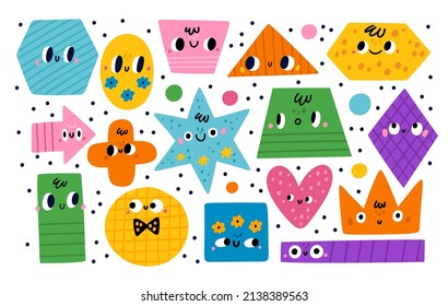 Geometric shapes characters. Basic abstract color figures with cute faces. Educational kids game. Patterned circles and polygons. Trapezoid or arrow. Vector baby