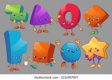 Geometric shapes characters with different emotions. Cute abstract basic forms, figures of circle, square, triangle, star and torus for kids education, vector illustration in contemporary style