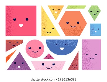 Geometric shapes characters. Polygon faces, kid drawing emotions. Circles with eyes, isolated abstract funny utter vector elements for education