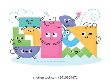 Geometric shapes characters puzzle. Cute cartoon figures with faces, legs, hands, big compositions, color smiling elements, vector concept.eps
