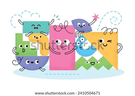 Geometric shapes characters puzzle. Cute cartoon figures with faces, legs, hands, big compositions, color smiling elements, vector concept.eps
