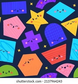 Las formas geométricas dan forma a personajes sin fisuras, estrellas lindas, cuadrado y triángulo con caras graciosas. Coloridas figuras básicas con diferentes emociones, impresión textil para niños textil de fondo vectorial textil textura