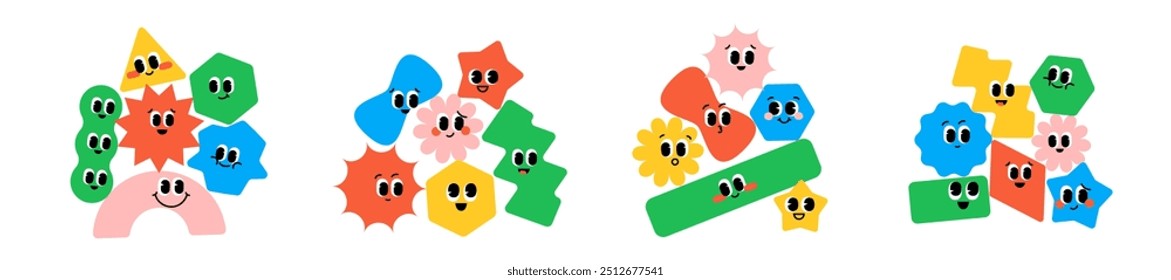 Geometric shapes characters set. Funny figures compositions with facial expressions that symbolize  teamwork and unity. Vector cartoon graphics