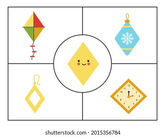 Geometric shapes for children. Flashcards for learning shapes. Rhombus.