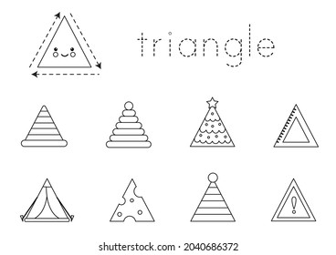 Geometric shapes for children. Triangle. Black and white worksheet for learning shapes. 