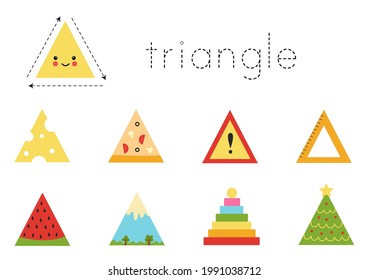 Geometric Shapes For Children. Worksheet For Learning Shapes. Triangular Objects.
