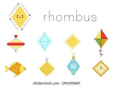 Geometric shapes for children. Worksheet for learning shapes. Rhombus.