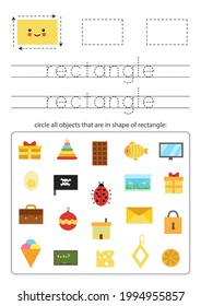 Geometric shapes for children. Worksheet for learning shapes. Trace rectangle.