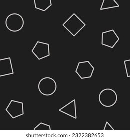 Geometric shapes circle, triangle, rhombus, polyhedron with white contours on a black or graphite background. Seamless pattern. Abstraction. Black and white palette. Vector illustration.
