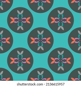 Geometric shapes in circles vector repeat seamless pattern in greens, grey and duck egg blue