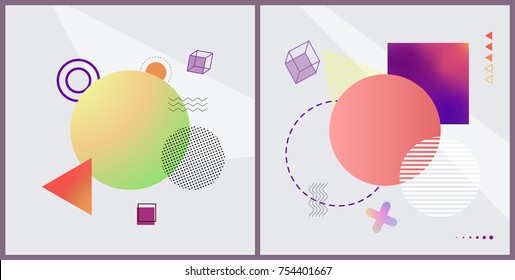 Colección de formas geométricas de banderas, círculos y cuadrado, triángulo y líneas cruzadas y onduladas una, sobre ilustración vectorial en concepto futurista