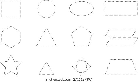 Coleção de Formas Geométricas com Contorno Tracejado para uso Educacional ou de Design