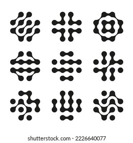 Geometric shapes collection. Set of black dots with liquid lines logo art. Round fluid elements 