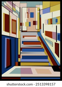 Geometric shapes and colorful blocks form a stylized representation of a stairway. Various rectangles and squares in primary and muted tones give the composition a modern and abstract feel.