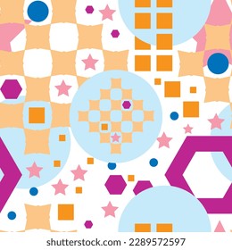 Formas geométricas en un patrón colorido sin costuras. Círculo, cuadrado, estrella, diamante y hexágono sobre un fondo blanco. Formas vectoriales en azul, rosa, salmón, naranja y azul marino.