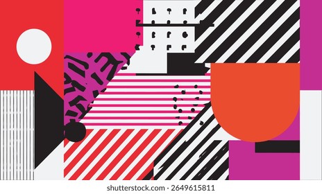 Geometric shapes combine patterns within abstract contemporary composition