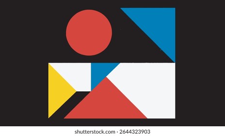 Geometric shapes compose abstract art within grainy colored scene dark background