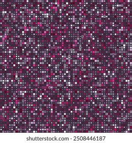 Geometric shapes composition. Various style squares in multiple colors. Purple, Pink, Plum, Gray, Lavender on Dark Background. Appealing vector illustration.
