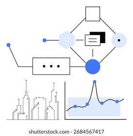 Formas geométricas se conectam em linhas de rede na paisagem urbana com linhas de gráfico de pontos em azul. Ideal para tecnologia, análise de dados, arquitetura de rede, planejamento urbano, estatísticas, conexões, arte abstrata