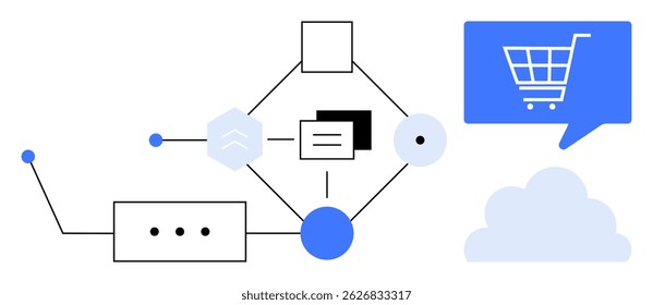 Formas geométricas conectadas por linhas representam um sistema de integração de comércio eletrônico. Ícone de carrinho de compras, ícone de nuvem e diagramação de rede. Ideal para tecnologia, comércio eletrônico, computação em nuvem, dados