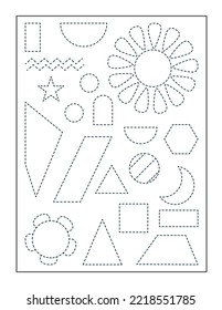 geometric shapes continue the pattern with pen, dotted line practice worksheet for preschoolers
