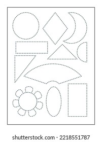 geometric shapes continue the pattern with pen, dotted line practice worksheet for preschoolers
