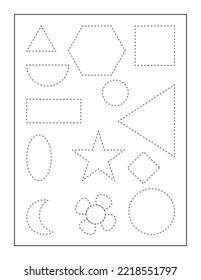 geometric shapes continue the pattern with pen, dotted line practice worksheet for preschoolers
