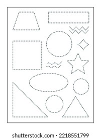 geometric shapes continue the pattern with pen, dotted line practice worksheet for preschoolers

