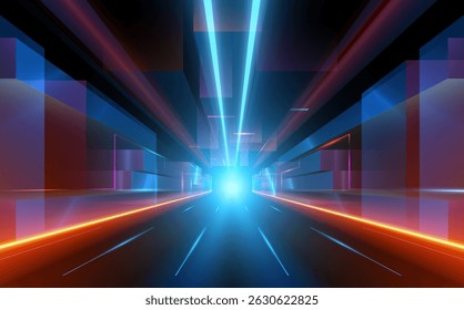 Corredor de formas geométricas com linhas de luz neon