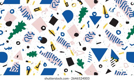 Geometric shapes create chaotic abstract composition playful digital artwork.