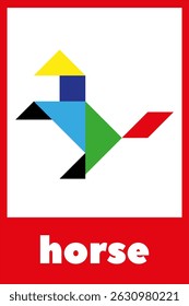 Geometric shapes create a colorful horse in a tangram puzzle on red and white background. Educational card for children 