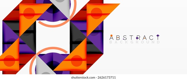 Geometric shapes create dynamic composition. Orange, purple, gray tones dominate design. Modern abstract background suitable various projects.