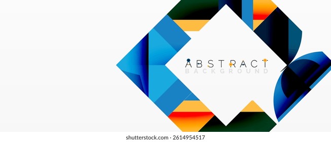 Geometric shapes create vibrant abstract background. Blue, yellow, green hues dominate design. Modern aesthetic.