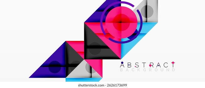 Geometric shapes create vibrant composition. Purple, pink, blue hues dominate design. Modern aesthetic, clean lines present abstract background.